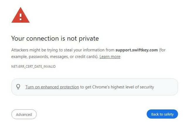 Browser warning shown when accessing support.swiftkey.com