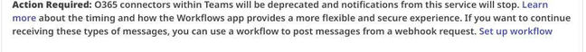 Message from Microsoft Office 365 connector for Teams showing impending deprecation