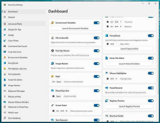 The Powertoys have their own global settings screen, which mimics that of the Windows Settings app, so you will know what to do.