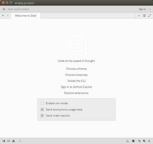 O Zed no Linux é muito parecido com o do macOS, mas com um menu de hambúrguer.