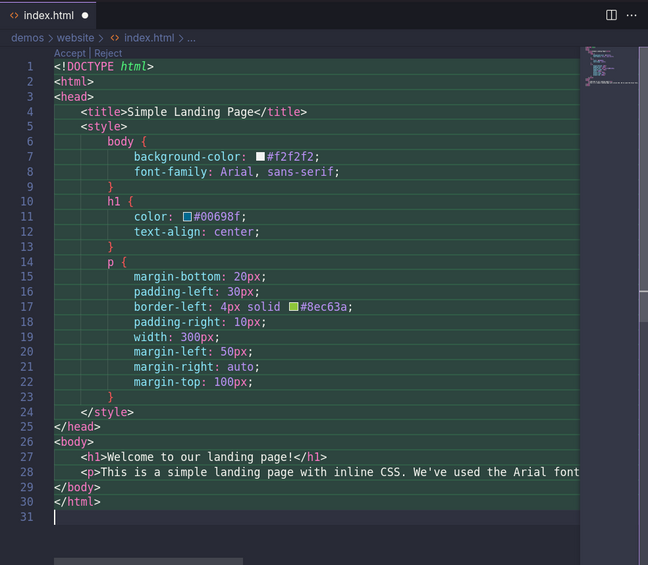 Code generated in Continue will appear in VS Code in green blocks which you can approve or reject.