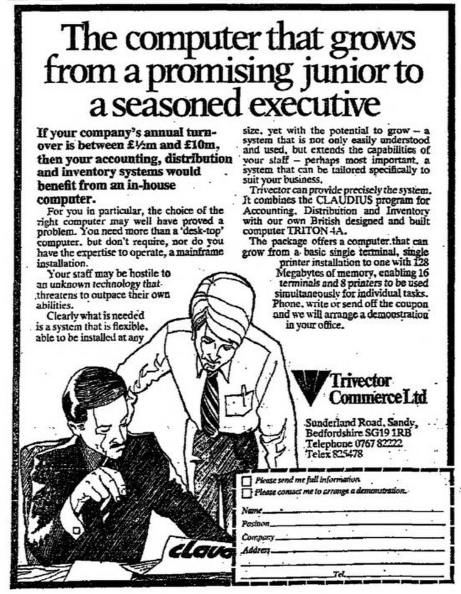 Advertisement for Trivector computers circa 1982 from the FT via Archive.org