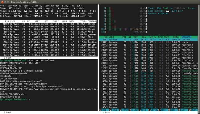 GNU screen showing two different types of system monitor. From Solaris to Xenix, screen is very similar.