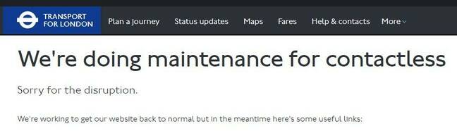 Screenshot of TfL web page showing contactless is undergoing maintenance