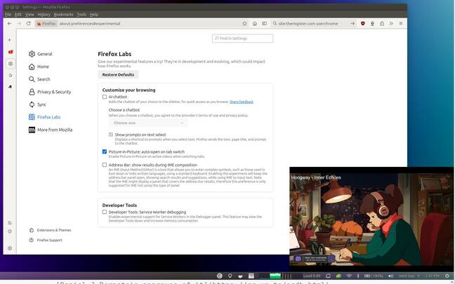 Firefox 131's new Settings page, in a vertical tab, alongside a picture-in-picture video.