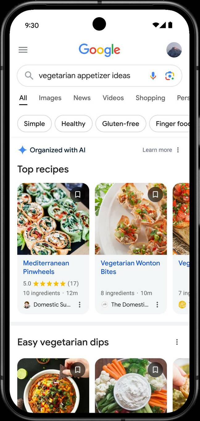 An image of a Google mobile search results page, organized by AI