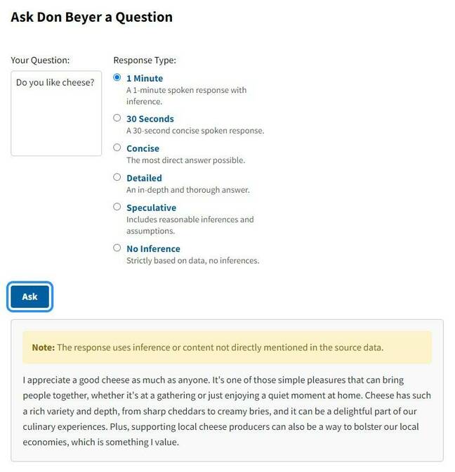 User interface for CandidateGPT with a prompt asking if Don Beyer likes cheese