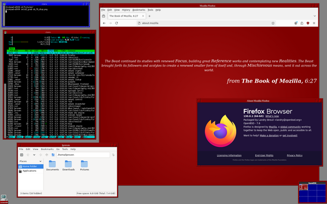 The full FVWM-based glory of an OpenBSD 7.6 desktop, with a file manager and htop.