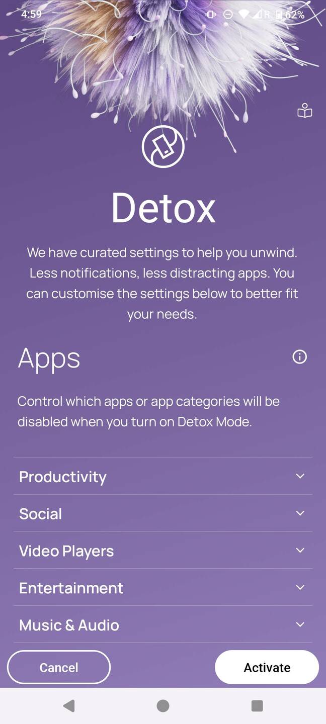 The main screen of the Digital Detox app. It's very flowery, for a feature which turns off other features.