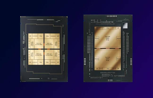 As you can see between Sapphire and Emerald Rapids Intel made the switch from four medium-sized dies to a pair of nearly retical limited ones.