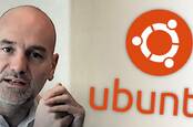 Mark Shuttleworth next to the Ubuntu logo
