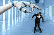 Illustration of a robot hand trying to flick away a White man in a business suit