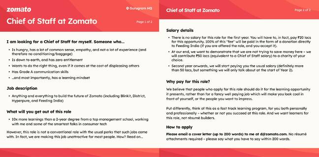 Zomato pay to work job ad