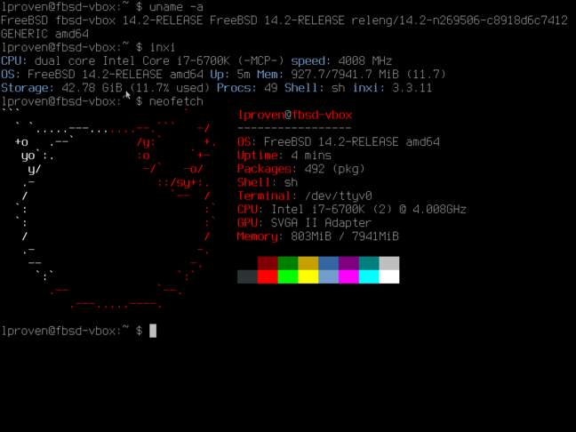 FreeBSD 14.2 console showing uname, inxi and neofetch output.