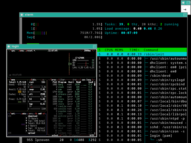 Old school X11 on shiny new FreeBSD: a window manager and a bunch of xterms. Who needs more?