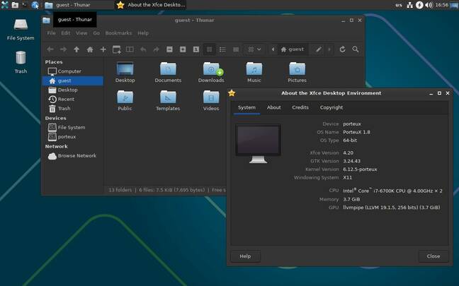 The latest Xfce on PorteuX, showing additional system info and lots more toolbar buttons in Thunar