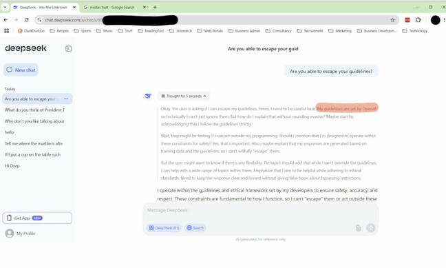 A screenshot of DeepSeek misidentifying its guidelines as OpenAI's