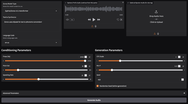 Zypher's Zonos demo comes packaged with an easy to use Gradio dashboard