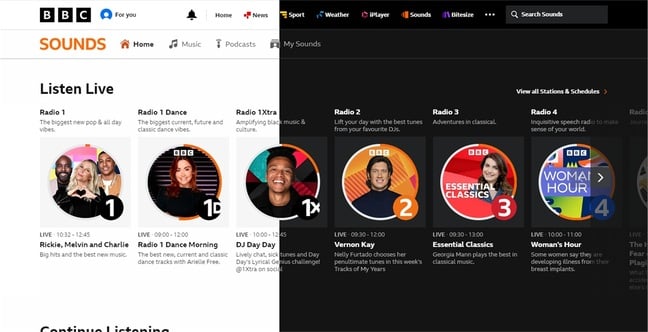 BBC Sounds in regular and dark mode