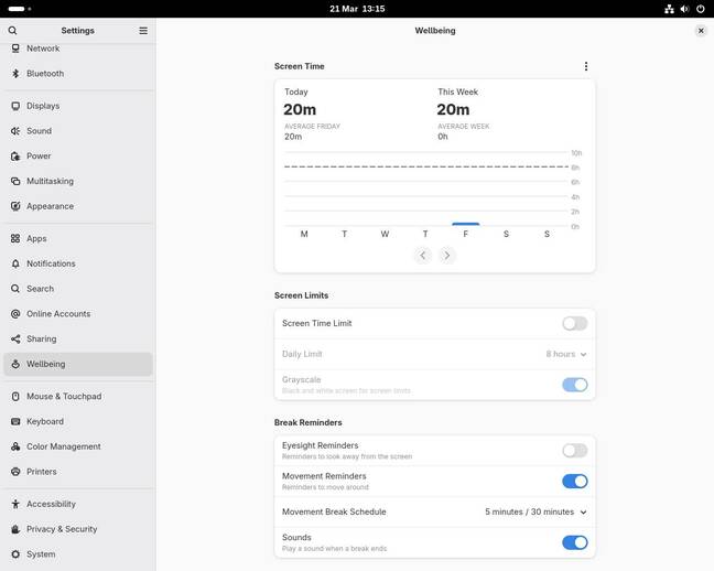 GNOME 48's new Digital Wellbeing settings, with screen time, limits and reminder options