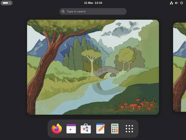 GNOME 48 showing the overview with two virtual desktops and the favourite apps in the Dash at the bottom