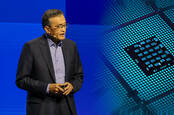 Combination of Intel handout of Intel CEO Lip-Bu Tan and a chip