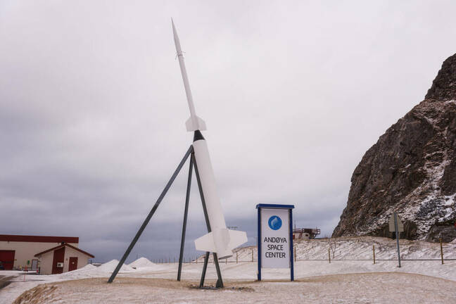 Andoya, Lofoten Islands, Norway - The entrance to Andoya Space Center area is adorned with a dummy of a rocket Uhryn Larysa / Shutterstock.com 