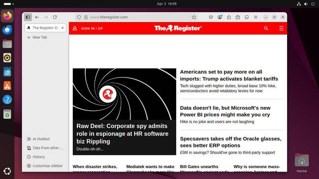 The Plucky beta now has the latest Firefox 137 – here with vertical tabs turned on Firefox 137 with vertical tabs, showing the Register