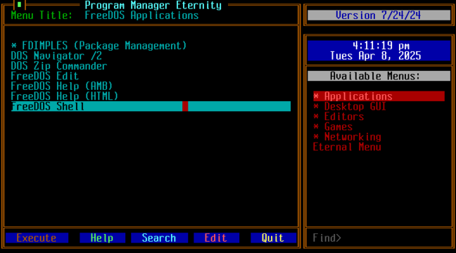 FreeDOS comes with a fancy menu-driven program launcher called PGME, plus file-management tools.