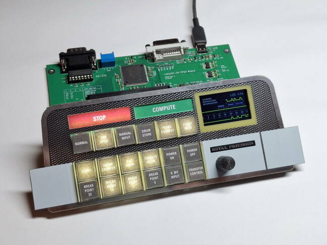 FPGA version of a LittleGP-30 computer attached to a reproduction front panel with prominent COMPUTE and STOP buttons