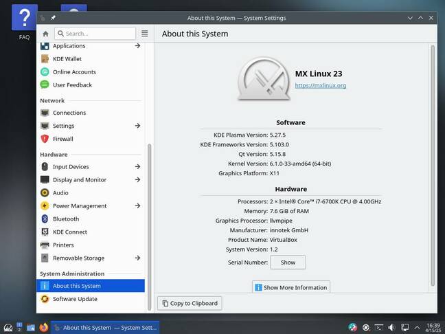 The current MX Linux ships with KDE Plasma 5.27.5, a version from May 2023 that's now long obsolete