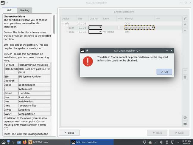 If you skip formatting the root partition, it tries to keep something that may not be there. Whoops.