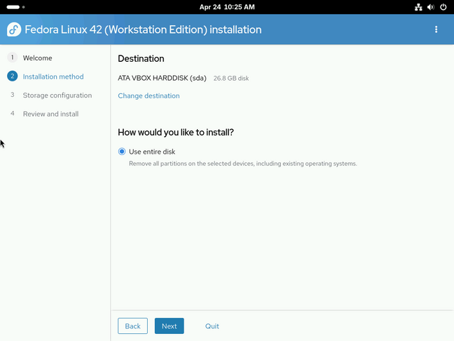 Fedora 42 Workstation featuring the new, linear, four-step installer.