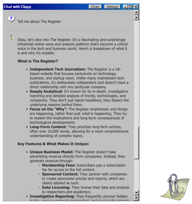 Screenshot of unofficial Clippy AI describing The Register (half right, half wrong)
