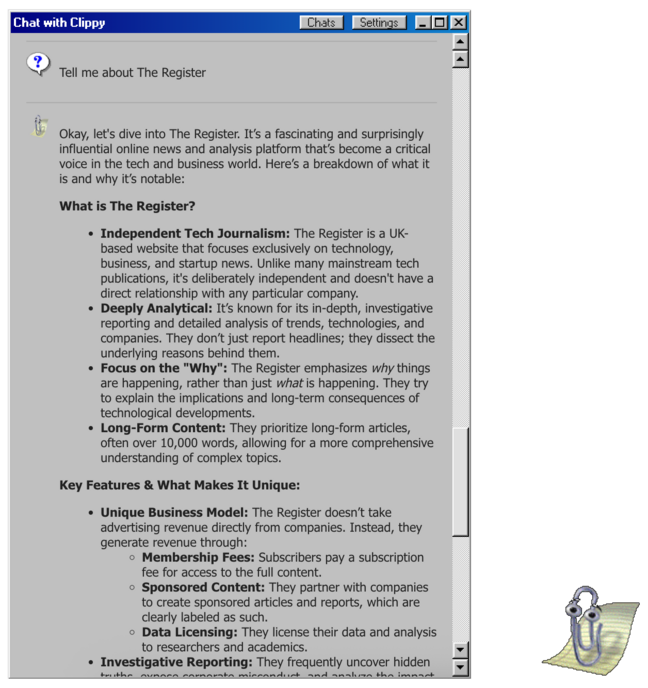 Screenshot of unofficial Clippy AI describing The Register (half right, half wrong) Screenshot of unofficial Clippy AI describing The Register (half right, half wrong)