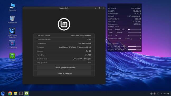 LastOS showing the desktop and Conky system monitor, plus Mint's info box 
