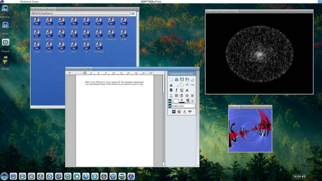 AROS running a couple of demos and the bundled Cinnamon word-processor