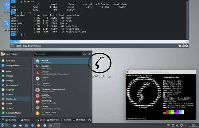 Neptune KDE desktop showing both Yakuake and xterm plus memory and disk usage. 