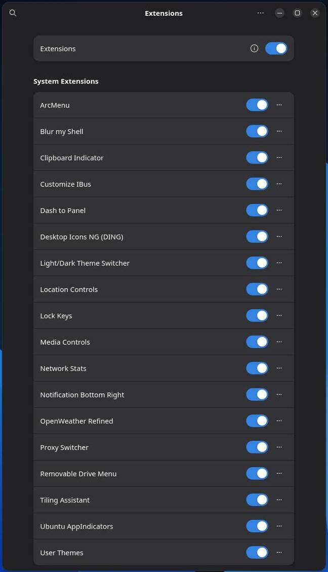 AnduonOS GNOME Extensions Manager, showing a list of 18 preloaded GNOME add-ons