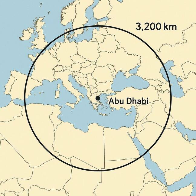 ChatGPT incorrectly drawing a map depicting a 3,200km radius from Abu Dhabi