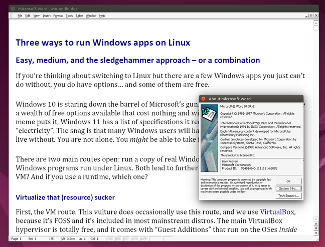 Word 97, with all its fripperies and frills turned off, running seamlessly on WINE 10 Bare Word 97 window with no toolbars or ruler, showing the Help | About screen, on an Ubuntu desktop