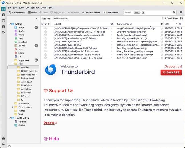 Thunderbird 139, in its classic table view – which is just a couple of clicks away. Thunderbird 139, in its classic table view – which is just a couple of clicks away.