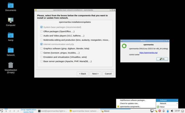 The LXQt edition of OpenMamba showing the Control Center and its software installer. The LXQt edition of OpenMamba showing the Control Center and its software installer.