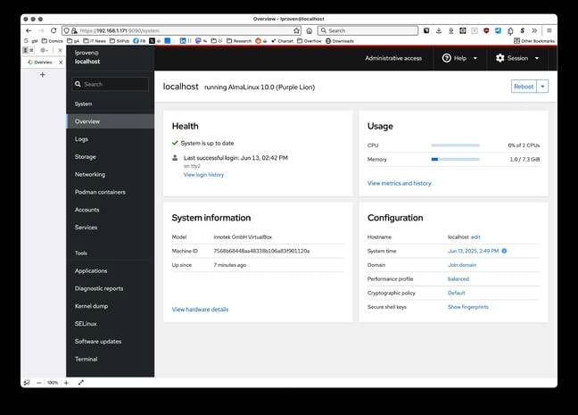 AlmaLinux 10's Cockpit web management home screen – but the app looks identical on all three AlmaLinux 10 Cockpit homescreen in Waterfox on macOS