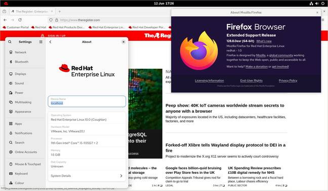 RHEL 10, showing the GNOME system information and Mozilla Firefox ESR