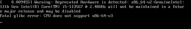 RHEL 10's curt text-only screen indicating an unsupported CPU which does not have x86-64-v3