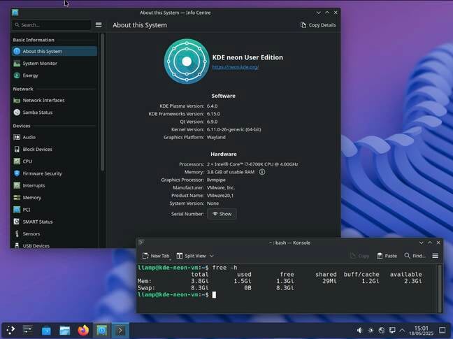 KDE Neon upgraded to Plasma 6.4.0. The Wayland session works well, but as the terminal shows, it's no lightweight desktop. Plasma 6.4 showing the system info and a terminal window showing RAM usage of 1.5 GB at idle.