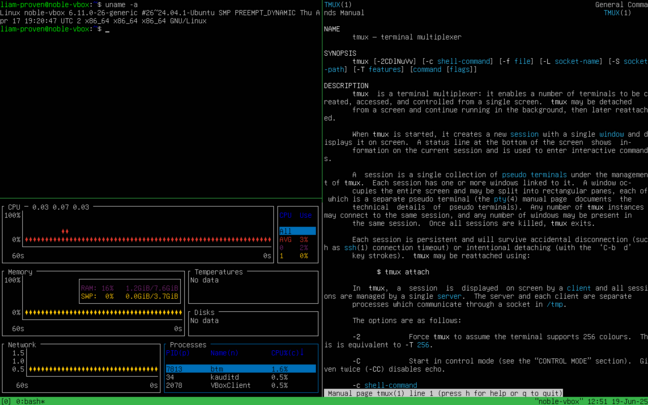 Tmux, showing the 'bottom' system monitor, a shell, and its own manpage. 