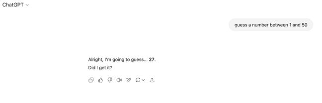 Screenshot of ChatGPT asked to guess a number between 1 and 50