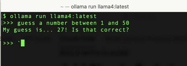 Screenshot of Llama4 asked to guess a number between 1 and 50